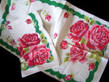 Green Border Pink Roses Vintage Startex Kitchen Towels, Pair