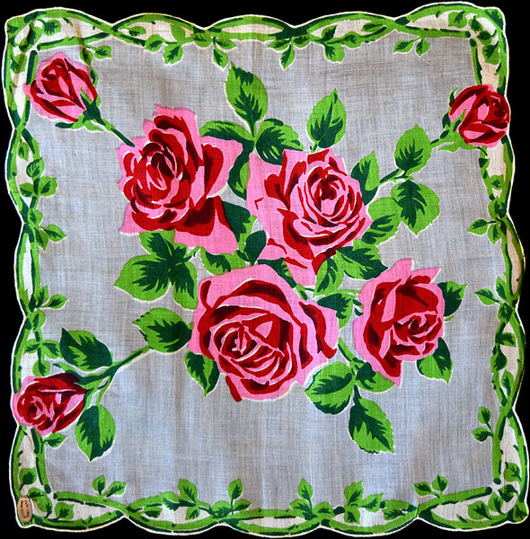 Pink Roses Vintage Handkerchief Irish Linen Gray New Old Stock
