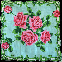 Pink Roses Vintage Handkerchief Irish Linen Turquoise New Old Stock