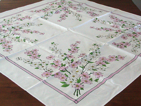Pink White Dogwood Vintage Tablecloth 47x48