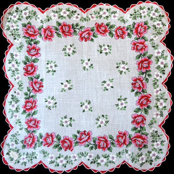 Scalloped Pink Red Roses Vintage Handkerchief New Old Stock