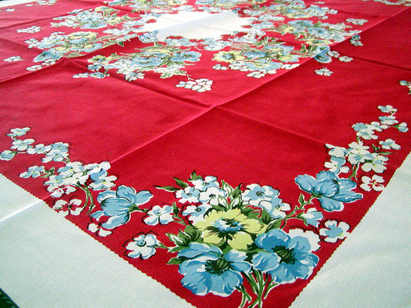 Pretty Posies on Red Vintage Tablecloth 48x50