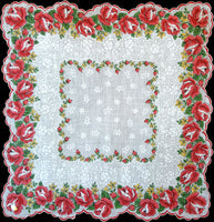Vermilion Red Roses Vintage Handkerchief New Old Stock