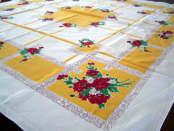 Startex Floral Red Poppies Vintage Tablecloth 47x52