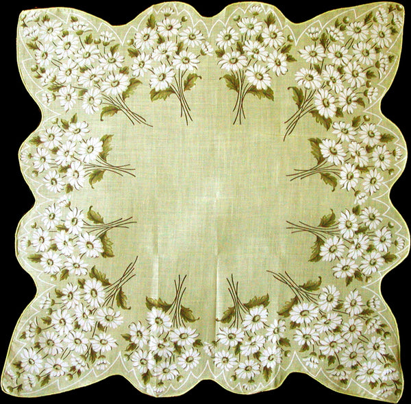 White Daisies Vintage Handkerchief New Old Stock - 16 Inch