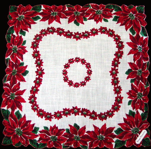 Poinsettia Borders Vintage Christmas Handkerchief MWT