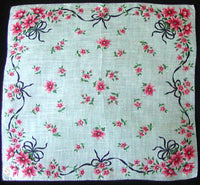 Blue Bows & Pink Flowers Vintage Handkerchief, Burmel Original Irish Linen