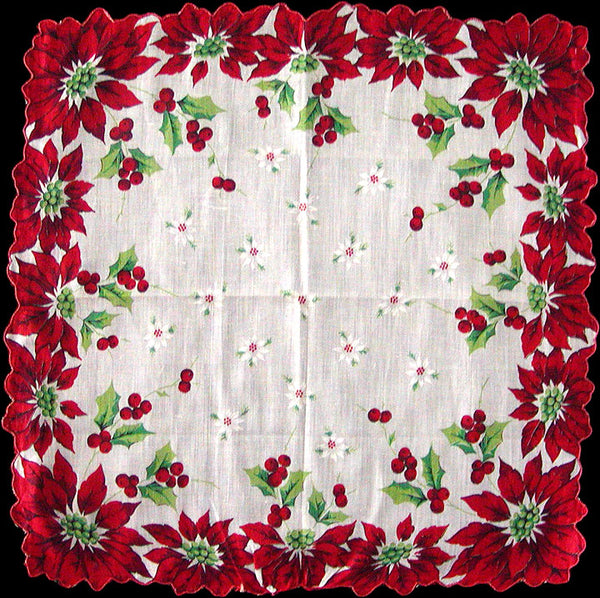 Poinsettia Edges Holly Berries Vintage Christmas Handkerchief