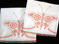 c1930 Vintage Pair Cotton Pillowcases, Tatted Butterflies Unused