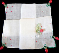 Dangling Rosebud Appliques Vintage Handkerchief Madeira Portugal