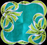 Chartreuse Bows on Green Vintage Linen Handkerchief, Kimball