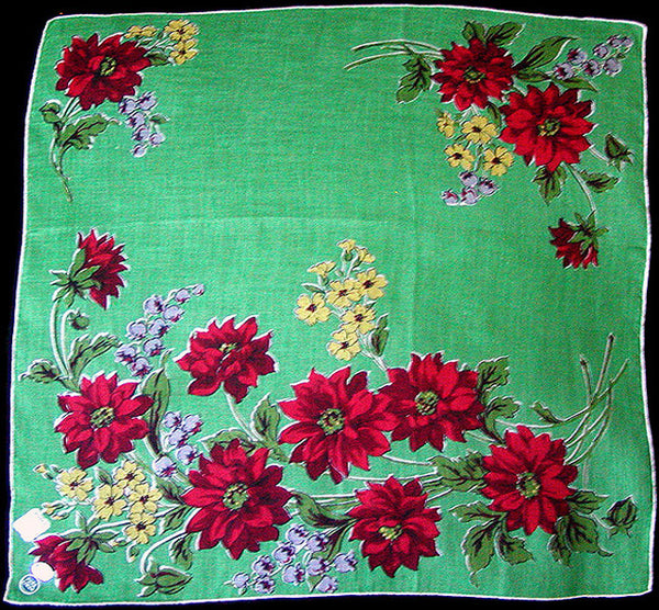 Red Dahlia Floral Print on Green Linen Vintage Handkerchief