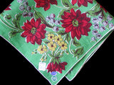 Red Dahlia Floral Print on Green Linen Vintage Handkerchief