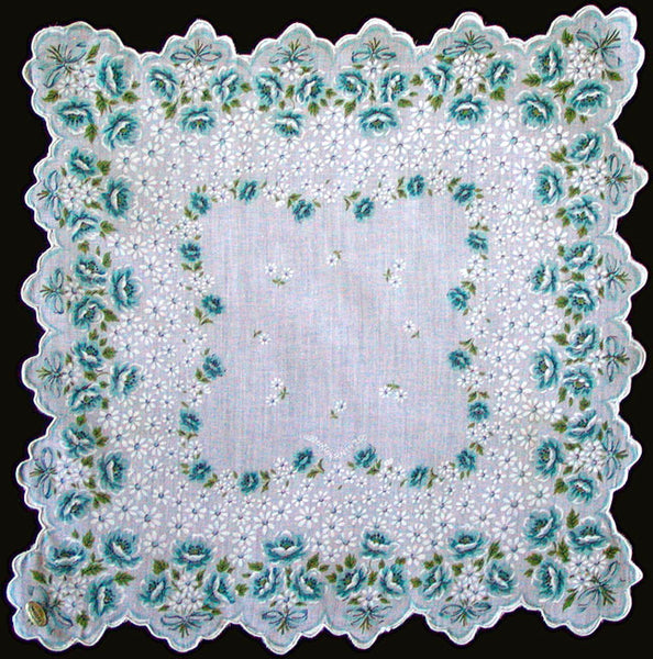 Aqua Floral Print New Old Stock Vintage Handkerchief