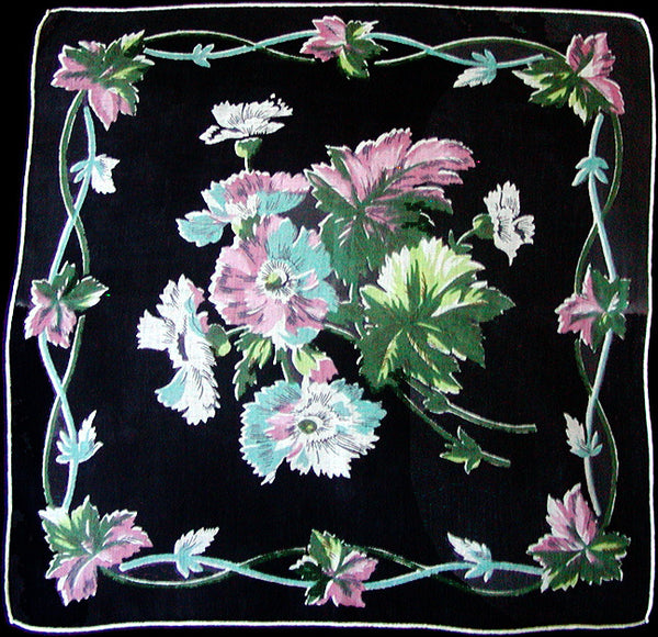 Botanical Floral and Leaves on Black Vintage Handkerchief, Irish Linen