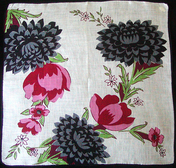 Black & Pink Floral Linen Vintage Handkerchief