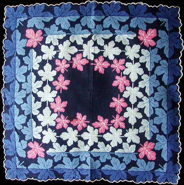 Fig Leaves in Blue and Pink Vintage Handkerchief