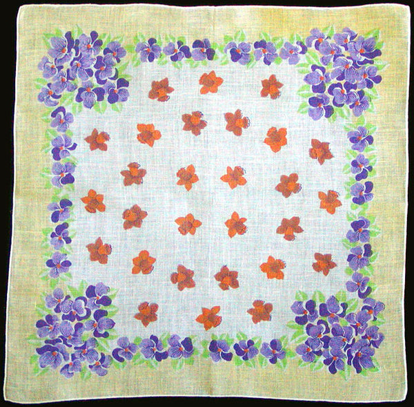 Violets & Daffodils New Old Stock Vintage Handkerchief