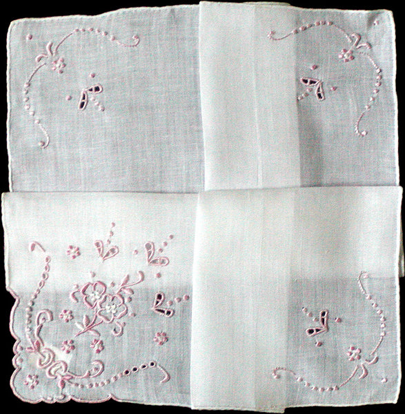 Pink Embroidery & Cutwork Vintage White Linen Handkerchief, Madeira Portugal