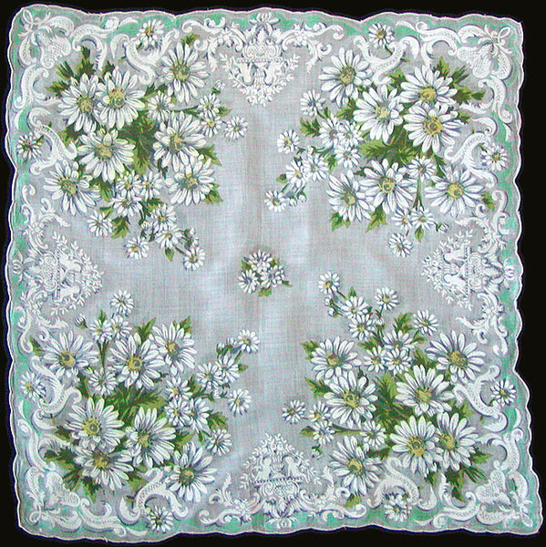 Daisies & Scrolls New Old Stock Vintage Handkerchief, 16"
