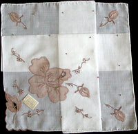 Embroidered Applique Brown Roses Vintage Handkerchief, Madeira