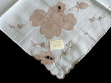 Embroidered Applique Brown Roses Vintage Handkerchief, Madeira