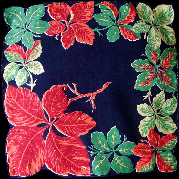 Botanical Fall Color Leaves on Navy Vintage Handkerchief
