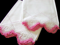 PR Pink and White Crochet Lace Drawnwork Vintage Pillowcases, Tubing