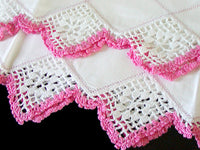 PR Pink and White Crochet Lace Drawnwork Vintage Pillowcases, Tubing