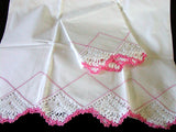 PR Pink & White Crochet Lace Drawnwork Vintage Pillowcases, Tubing