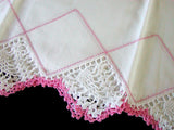 PR Pink & White Crochet Lace Drawnwork Vintage Pillowcases, Tubing