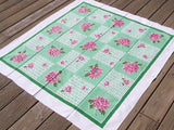 Green & White Checkered Dahlias Vintage Tablecloth, Startex 48x50