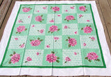 Green & White Checkered Dahlias Vintage Tablecloth, Startex 48x50