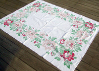 Border of Peonies Vintage Tablecloth 51x64, Rosemary