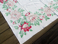 Border of Peonies Vintage Tablecloth 51x64, Rosemary