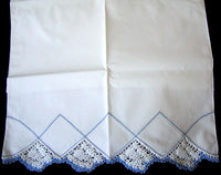 Single Blue and White Crochet Lace Drawnwork Vintage Pillowcase, Tubing