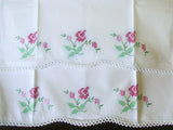 PR Embroidered Vintage Pillowcases Pink Roses w Crochet Lace, Tubing