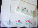 PR Embroidered Vintage Pillowcases Pink Roses w Crochet Lace, Tubing