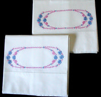 Blue and Pink Embroidered Starflowers Vintage Pillowcases, Pair