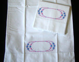 Blue and Pink Embroidered Starflowers Vintage Pillowcases, Pair
