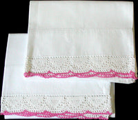 PR Vintage Pillowcases, Scalloped Pink and White Crochet Lace Trim