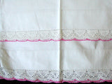 PR Vintage Pillowcases, Scalloped Pink and White Crochet Lace Trim