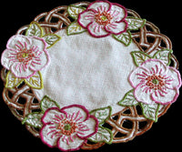 Embroidered Floral and Cutwork Vintage Linen Doily 12x13 Oval