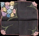 Madeira Trembler Flowers on Black Linen Vintage Handkerchief, Anice