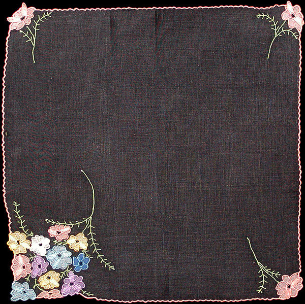 Madeira Trembler Flowers on Black Linen Vintage Handkerchief, Anice