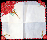 Anice Embroidered Red Rose Posy Vintage Handkerchief, Madeira