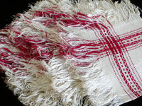 Primitive Turkey Red & White Woven Linen Damask Napkins Fringe, Set of 6