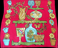 Antique Glass on Red Vintage Irish Linen Kitchen Tea Towel