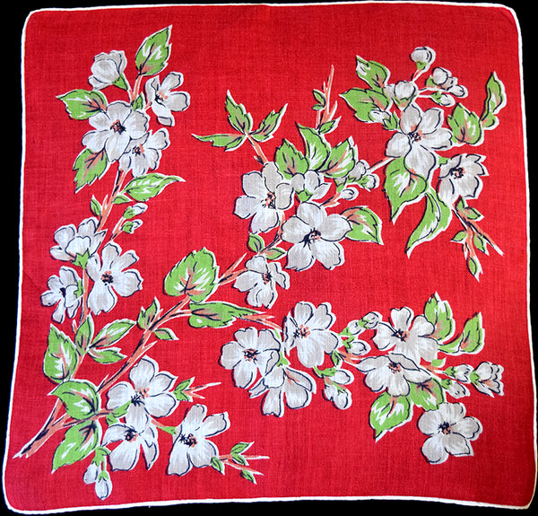 Apple Blossoms on Red Linen Vintage Handkerchief