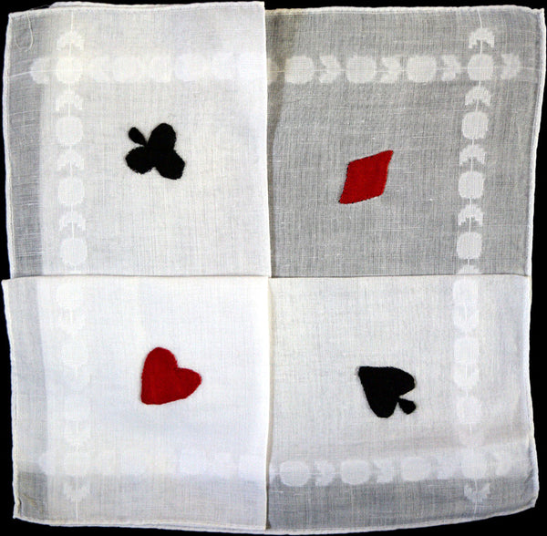 Applique Four Suits Vintage Linen Handkerchief, Madeira